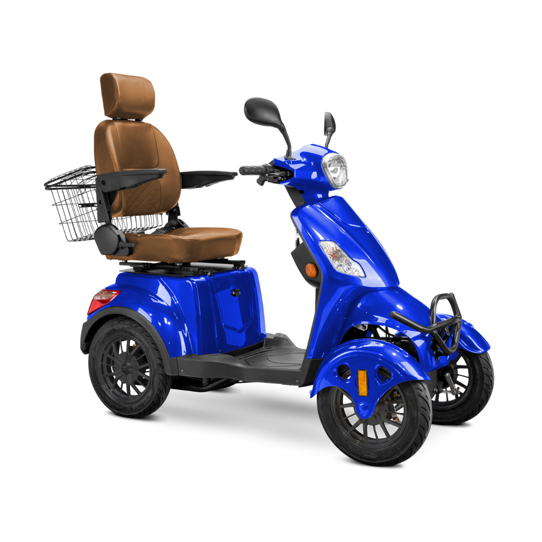 The Bespoke Prestige Recreational 4-Wheel Scooter features a blue design, powerful 600W motor, brown cushioned adjustable seat with armrests and headrest, handlebars, and a metal rear basket.
